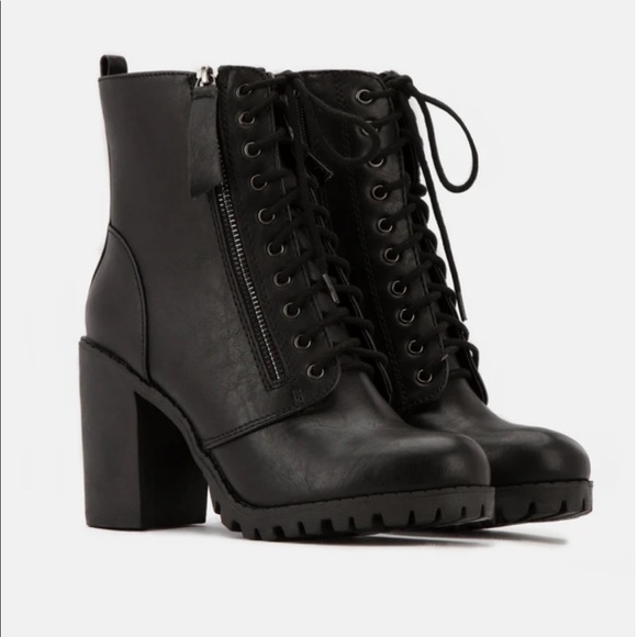 Black Lace Up High Chunky Heel Combat Boots - Picture 5 of 14